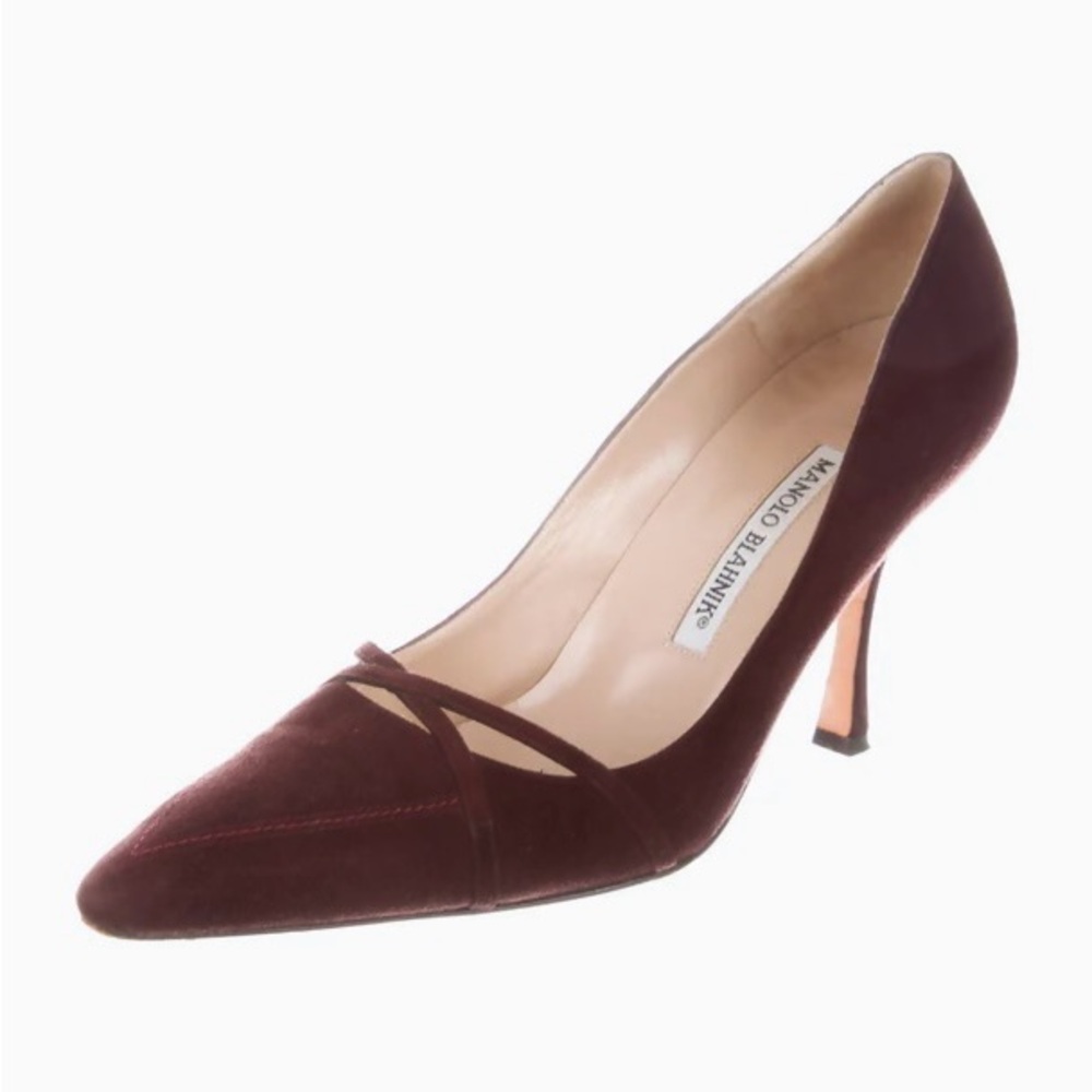 SOLD: Manolo Blahnik Chocolate Suede Kitten Heels with Leather Trim
